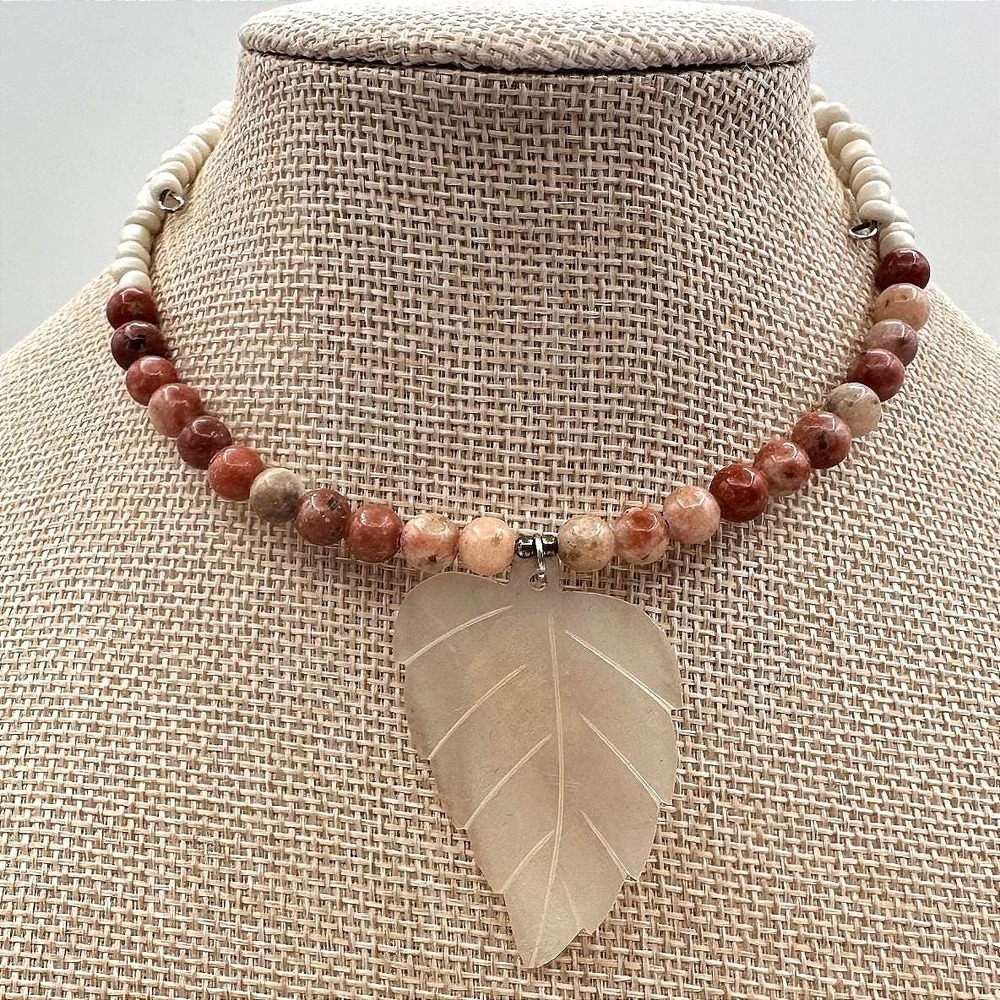 Vintage‎ 80s Agate Leaf Pendant Beaded Necklace Jasper Sunstone Choker Jewelry